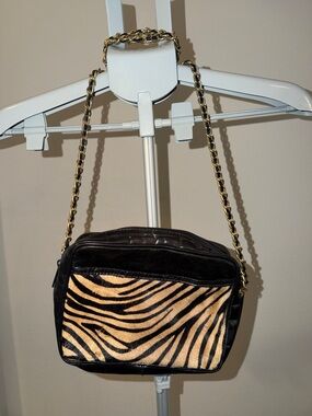 Vintage L.J. Simone New York Zebra-Print Black and Tan Chain Strap Crossbody